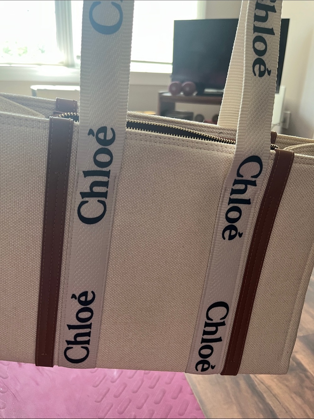 Chloé Cream Canvas Tote with Brown Trim and Logo Straps- new!! - Picture 4 of 11